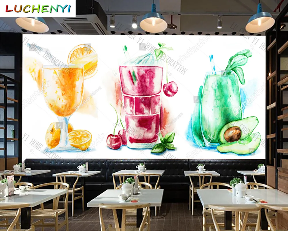 

Custom fruit juice mural wallpaper restaurant healthy drinking shop dining room wall papers home decor sticker