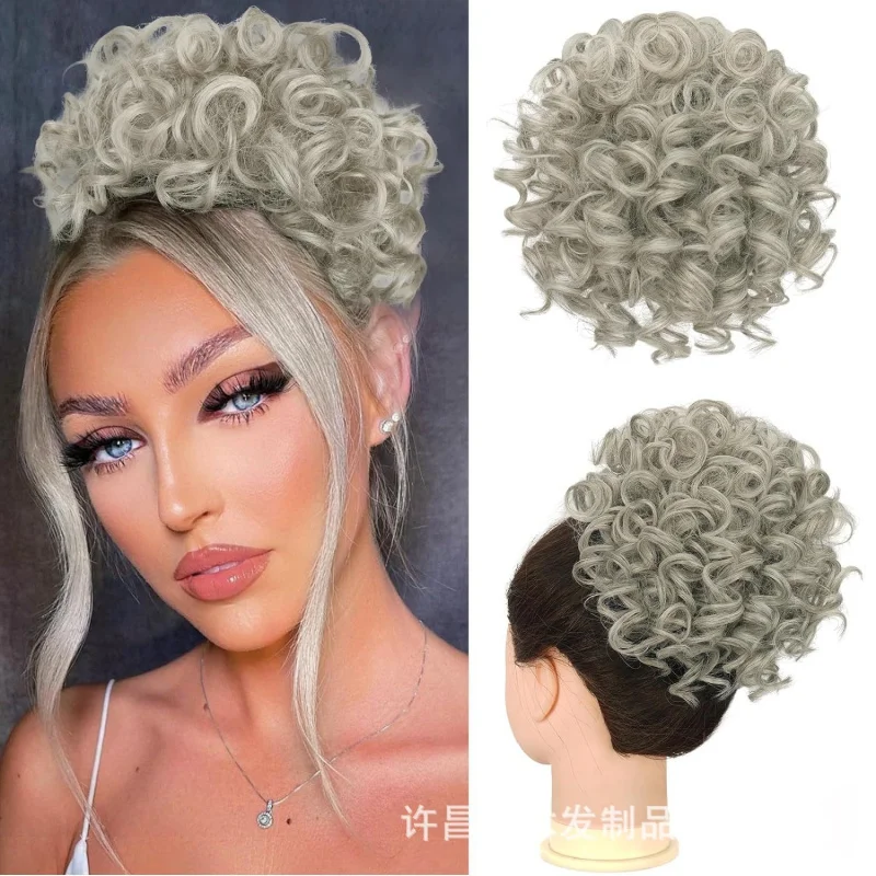 European and American style wigs, small curly fluffy messy hair bun, elastic mesh drawstring synthetic fiber ponytail