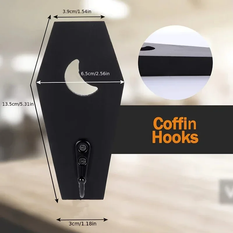 Gothic Coffin-Shaped Wooden Wall-Mounted Hook Black Keychain for Mugs Wallets - Traditional Hallowmas Decor Easy Install