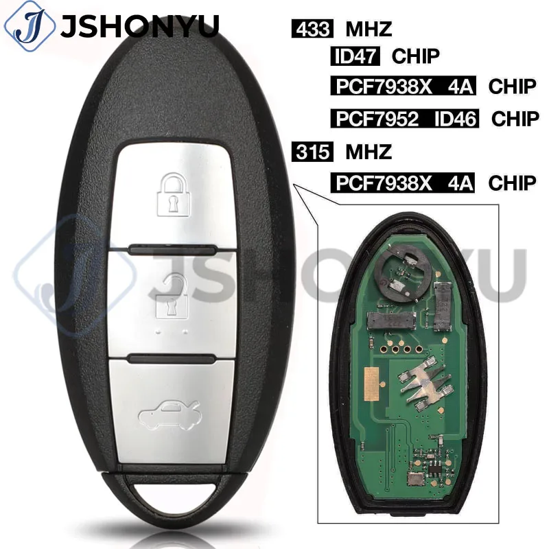

JsHonYu 433MHz 4A Chip 3 Button Smart Remote Key Fob for Nissan Qashqai J11 X-Trail T32 Pulsar Sylphy