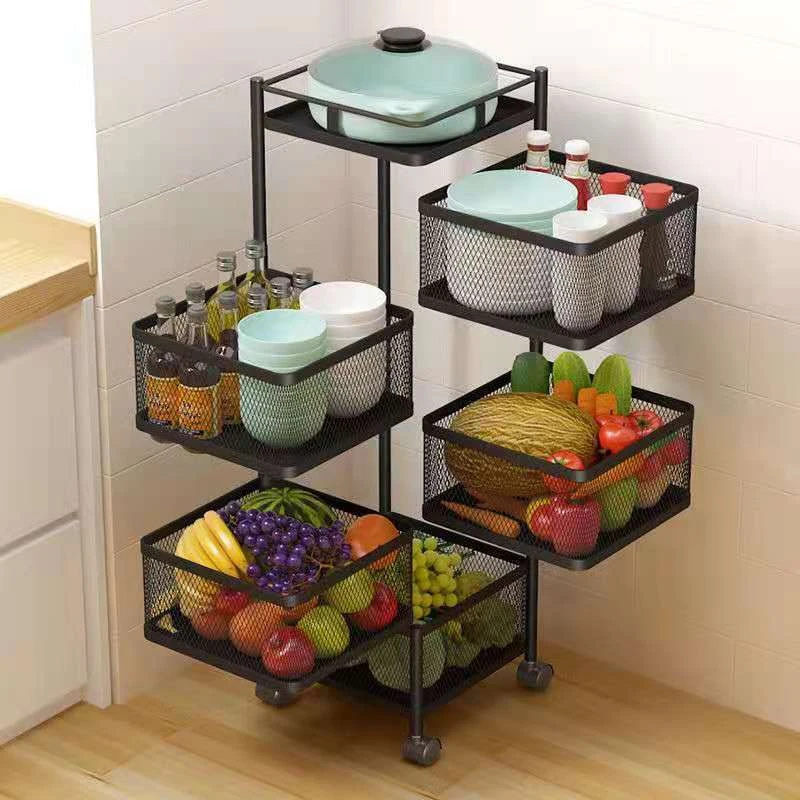 Kitchen Vegetable Rotating Storage Shelves Rack With 5 Tier Metal Multi Layer Storage Basket Shelf Organizer With Rolling Wheels