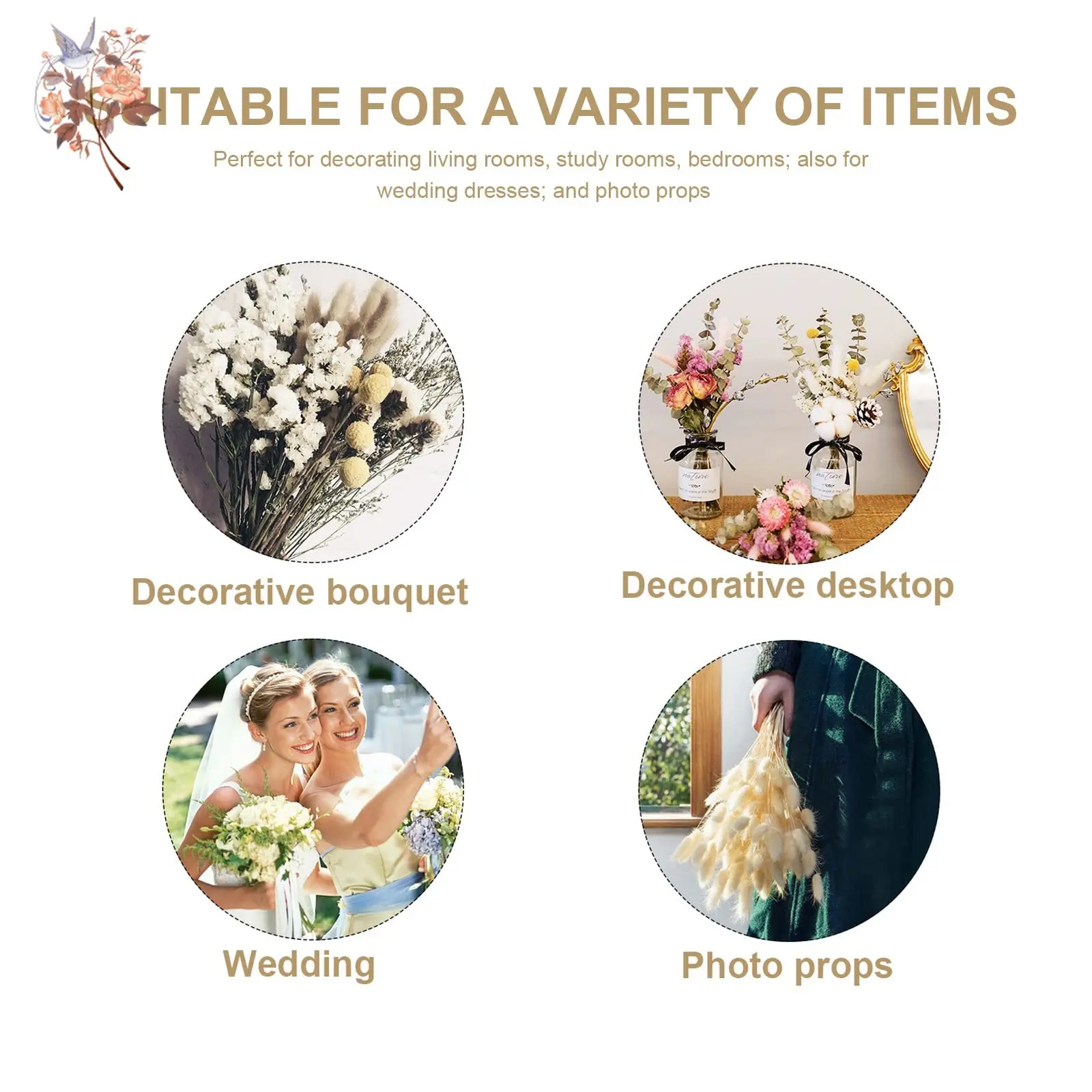 120 Uds. De colas de conejo blancas naturales, decoración de hierba, pompas, flores secas florales, hierba de Pampas para decoración de jarrón de mesa de boda bohemio para el hogar