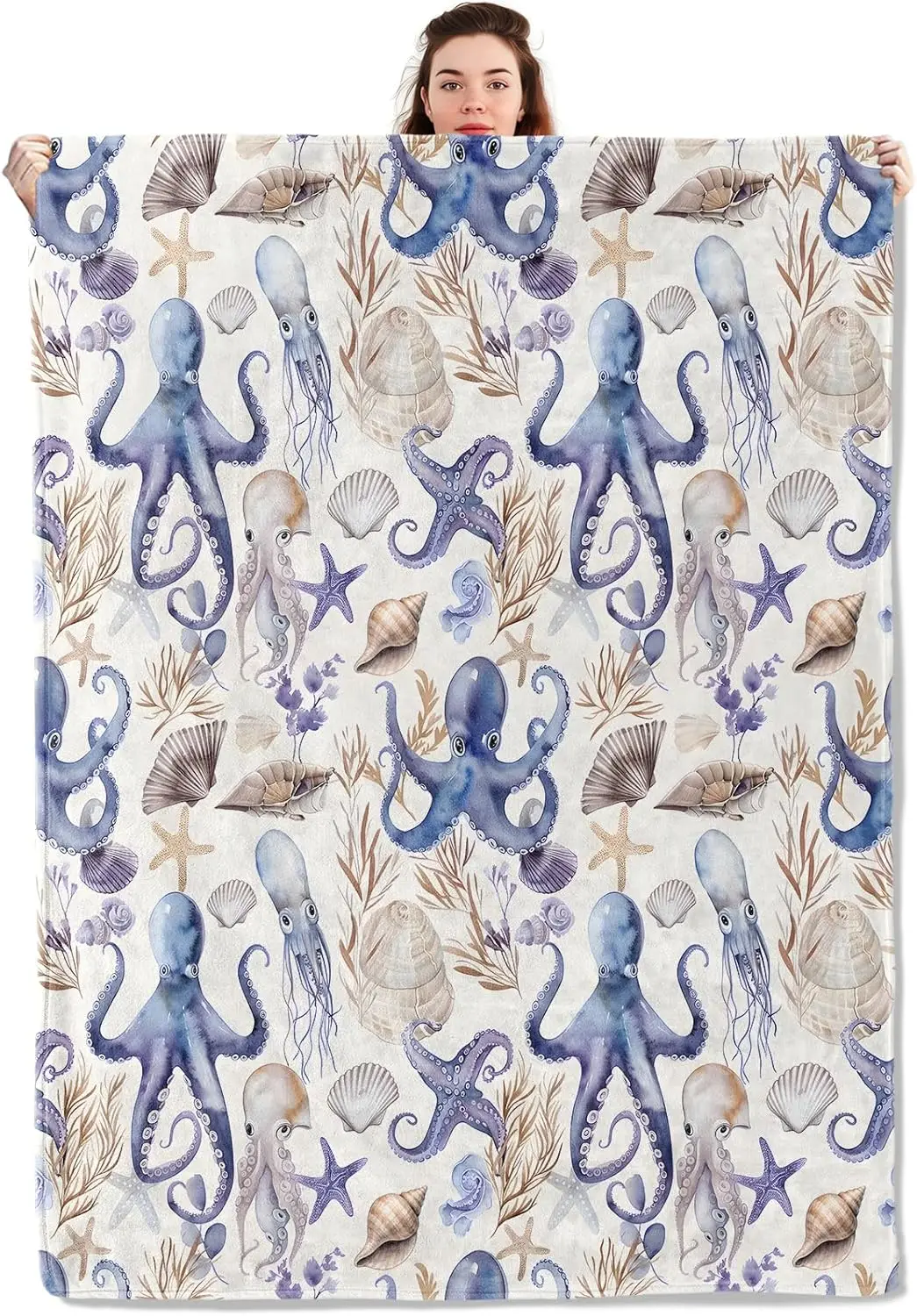 Colorful Octopus Blanket Lightweight Blankets Gifts for Adults Flannel Throw with Vibrant Marine Life and Shell Printed for Sofa