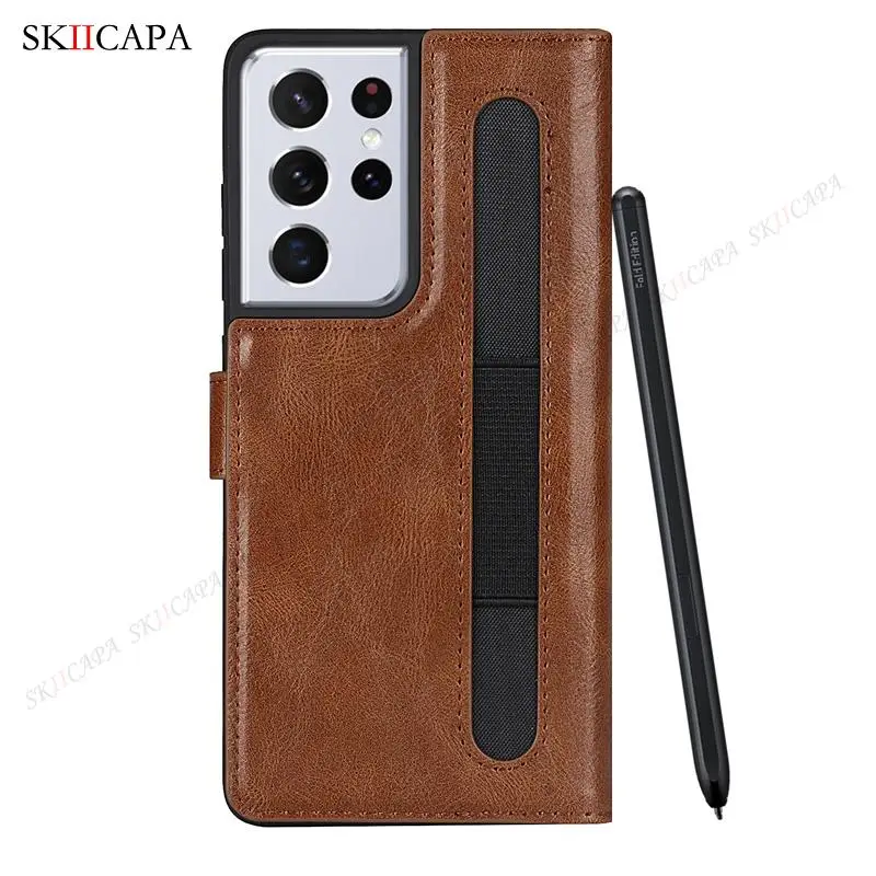 Stylus S-Pen Socket Slot Leather Flip Phone Case For Samsung Galaxy S21 Ultra G9980 G998D G998U Wallet Card Holder Phone Cover