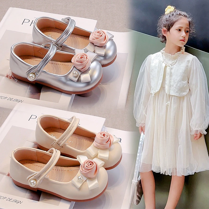 Girls Leather Shoes Four Seasons Flowers Girls Mary Jane Shoes 2-12 Years Old Silver Shallow Mouth Children Baby Single Shoes