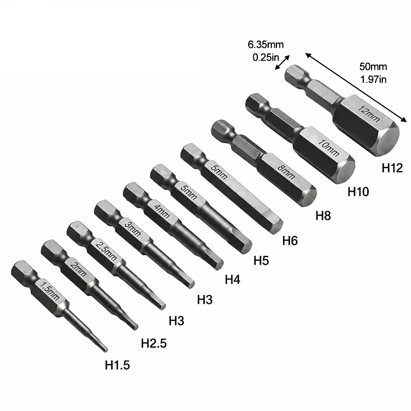 10-teiliges Sechskant-Bit-Set, metrisch H1,5-H12, Inbusschlüssel-Bits, S2-Legierungsstahl, magnetisch, 1/4 Zoll Sechskantschaft für Bohrmaschine und Schraubendreher – Detail 2