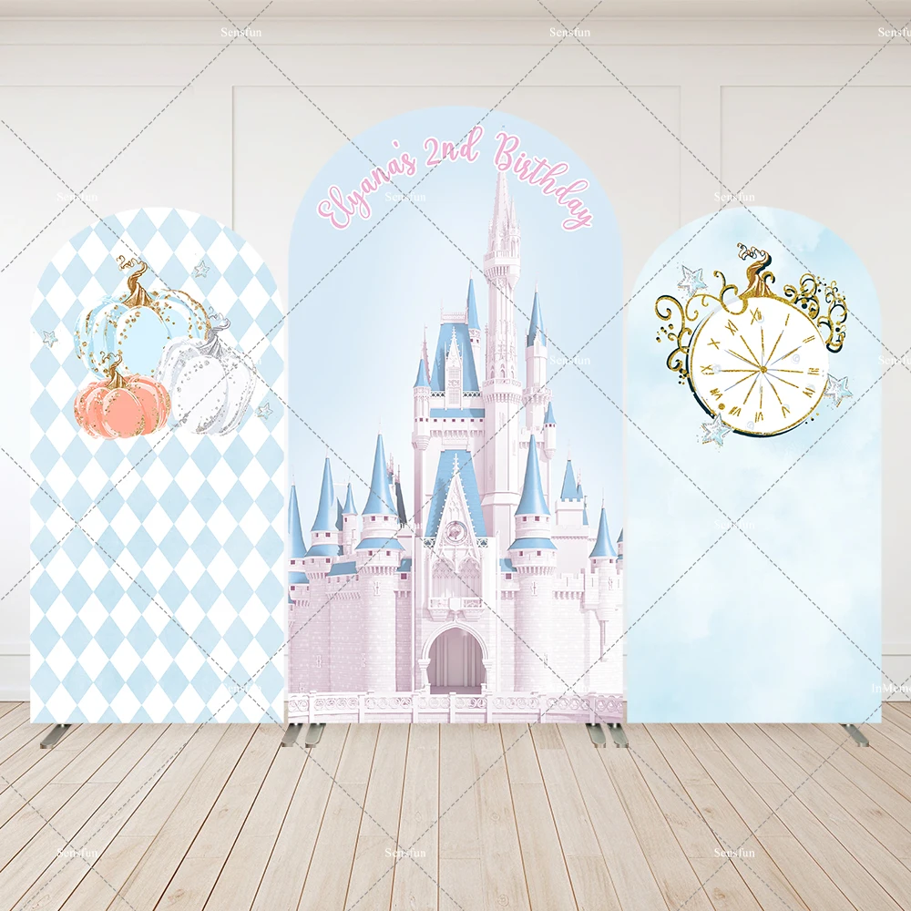 

Customize Pumpkin Princess Girl Birthday Arch Backdrop Cover Blue Castle Cinderella Clock Baby Shower Background Chiara Wall