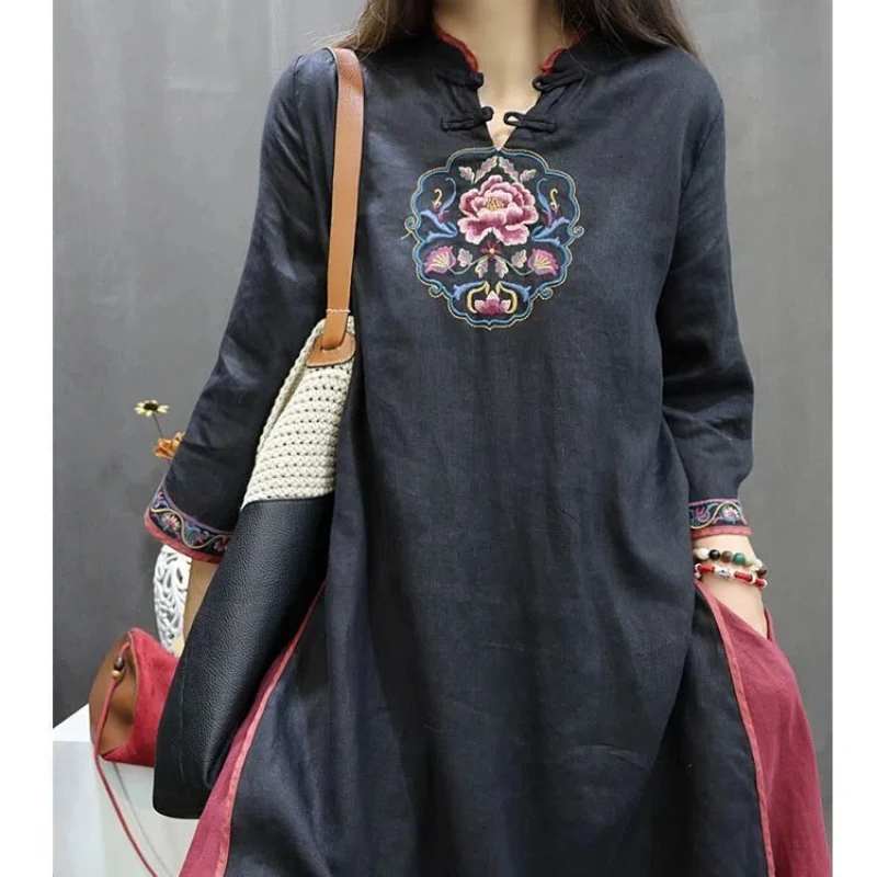 2024 Women\'s Summer Cotton and Hemp Chinese Literary Retro Pan Button Dress with Chinese Style Sleeves Medium Length Dresses