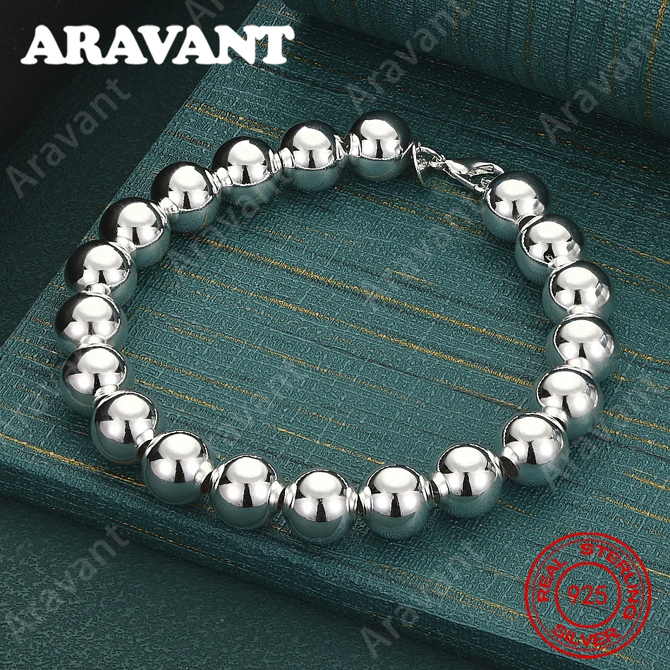 925 Sterling Silver 10mm Smooth Round Hollow Bead Bracelet For Women - Vintage Elegant And Noble Party Jewelry