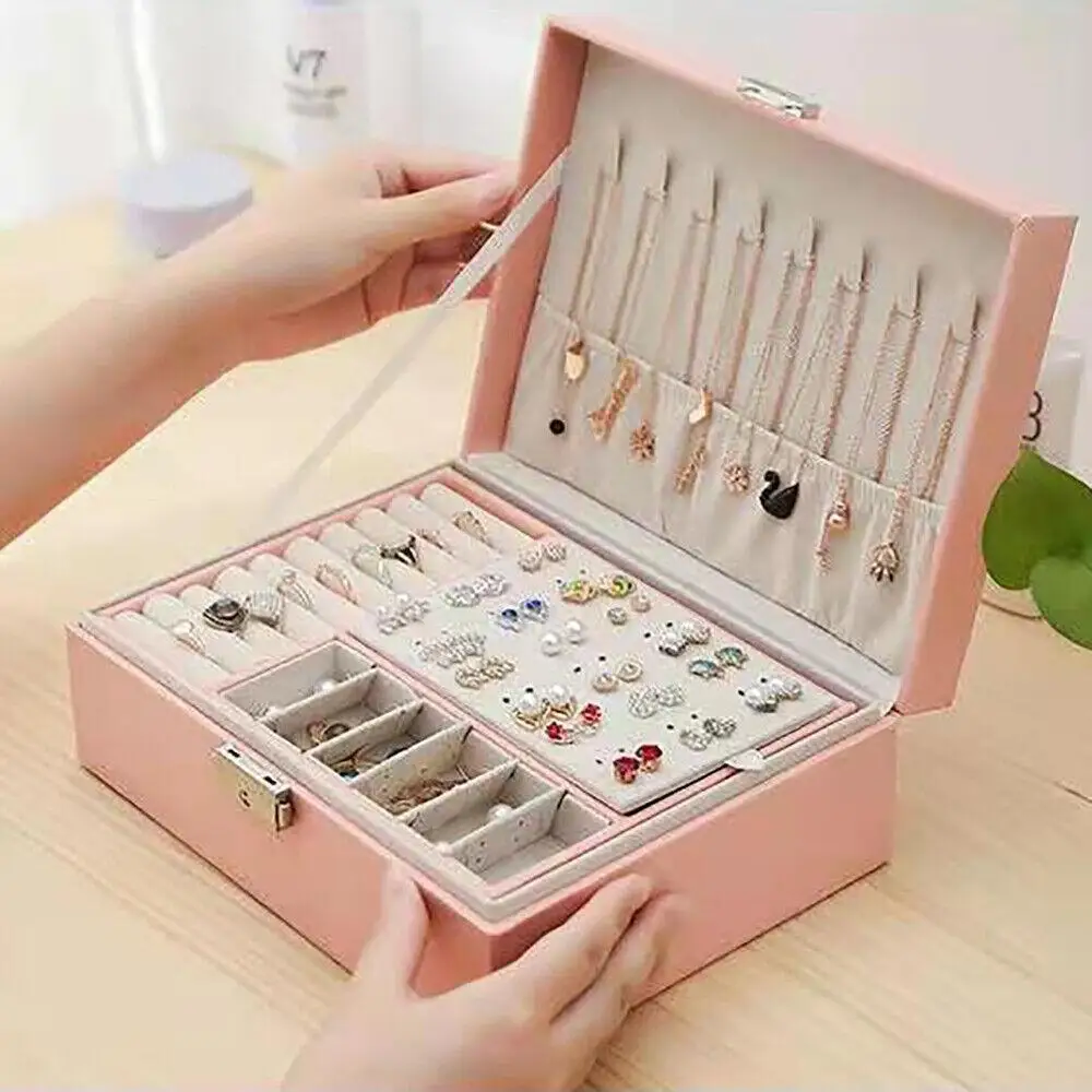 2-Layer Jewelry Gift Box PU Jewelry Storage Box Pink Birthday Gift Box Exquisite Necklace Ring Storage Organizer