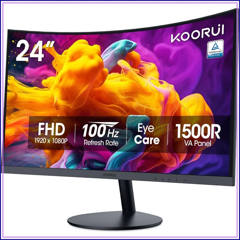 24 inch Curved Monitor, Full HD 1080P 100Hz 1500R PC Screen, TUV Rheinland Certified, HDMI VGA, Tilt Adjustment, Eye Care, Black