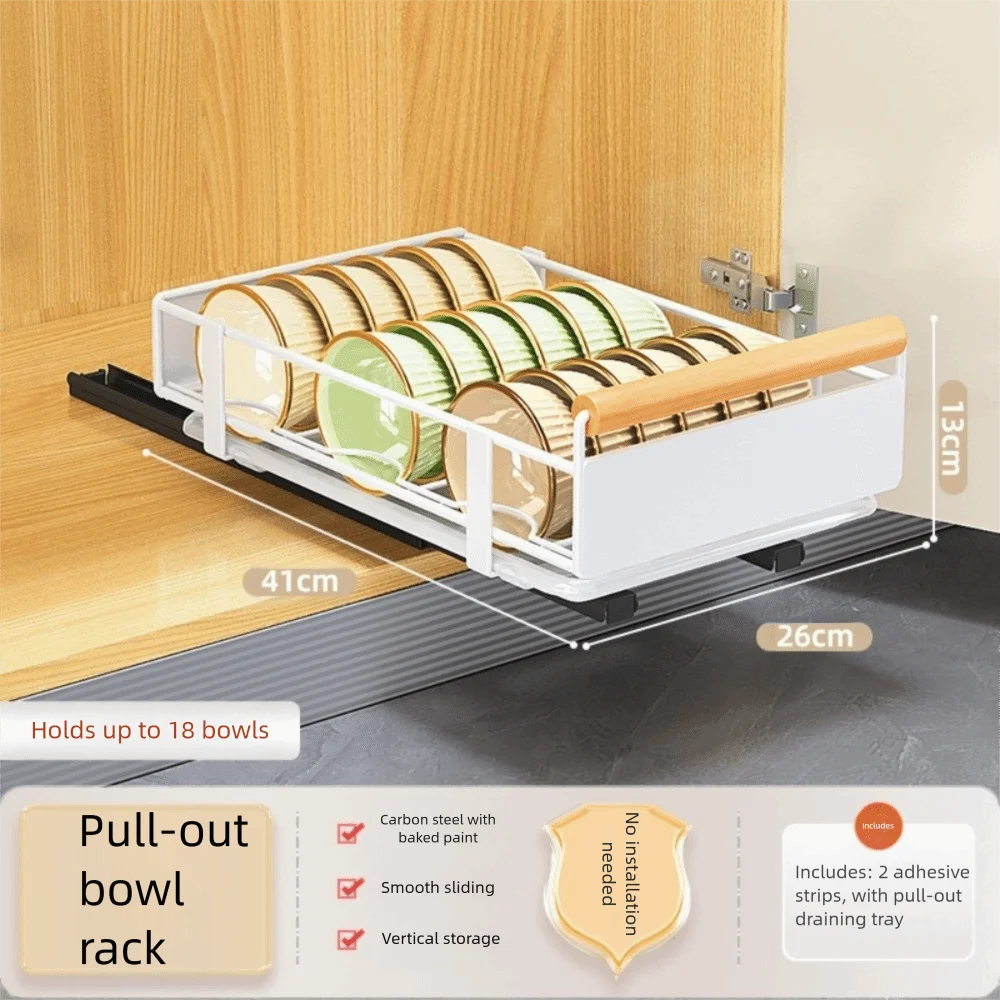 

Pull-out Kitchen Cabinet Storage Rack Wooden Handle Anti Mildew Basket Under Sink Organizer with Drainer Pot Lid Dish Rack