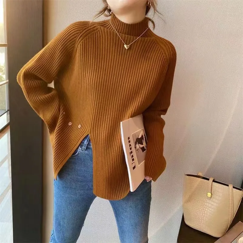 Women\'s Turtleneck Sweater Spring Autumn Fashion Side Split Slim Pullover Korean Long Sleeve Thicked Knitted Bottoming Tops