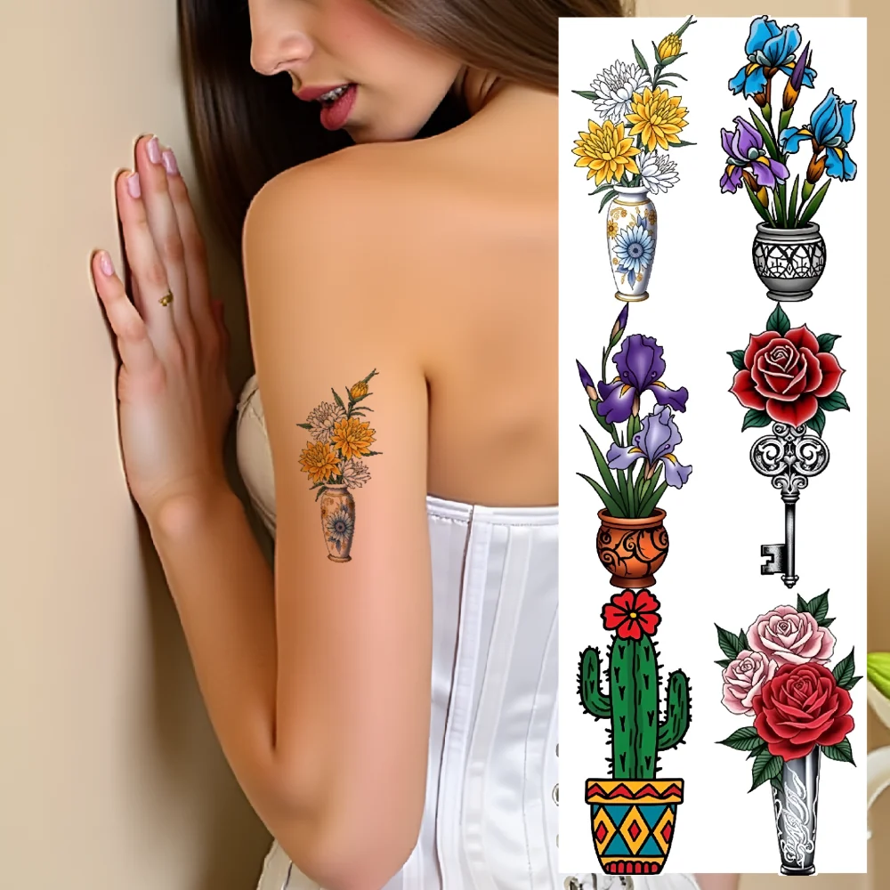 

28pcs Temporary Tattoo Daffodil Waterproof Long-lasting Body Stickers Orchid Tulip New School Traditional Cactus For Men