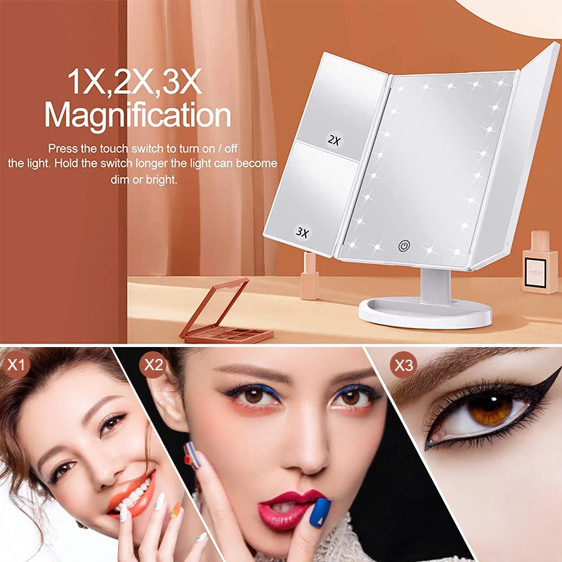 E2 72 LED Light Vanity Mirror 1/2/3X Magnifying Cosmetic 3 Folding Makeup Mirrors Stepless Dimmer Beauty Table Mirrors Lamp Gift