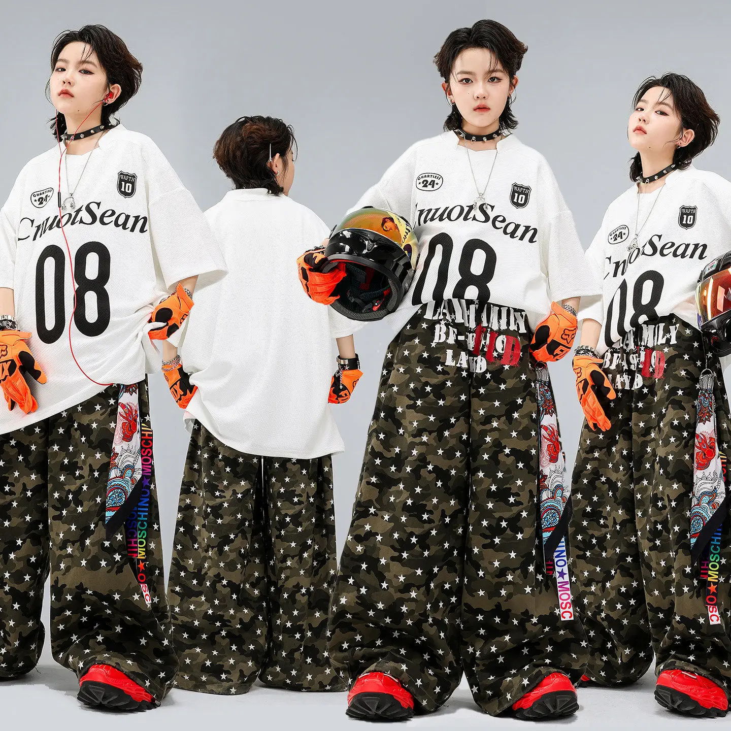 

Детская одежда в стиле K-pop и хип-хоп: белая футболка-джерси, повседневные широкие брюки с камуфляжным принтом и звездами для девочек и мальчиков, костюмы для уличных танцев