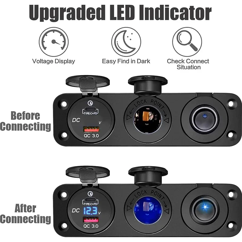 3 in 1 Panel Cigarette Lighter Socket QC3.0 USB Type C PD Car Charger Outlet Power Adapter with Voltmeter for Car Boat RV