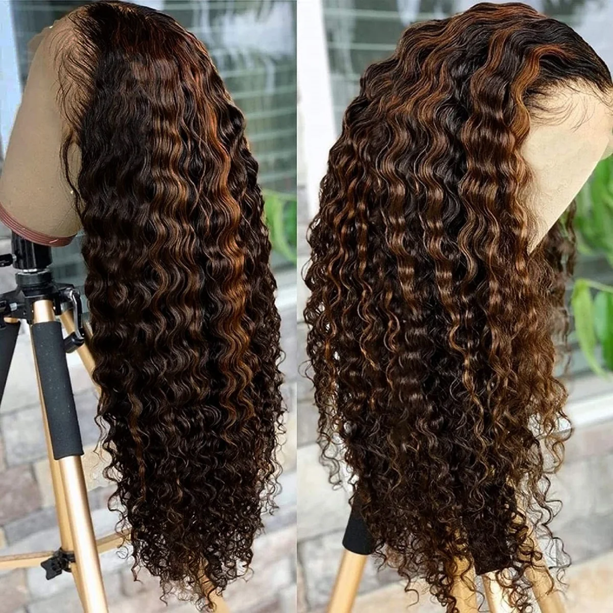 Krullende 1B/30 Highlight Ombre Haarwerken van Echt Haar, 250 Density, 13x6 HD Kant Voorkantpruik, Vooraf Geplukt Braziliaans Deep Wave Haarwerk van Echt Haar - afbeelding 2