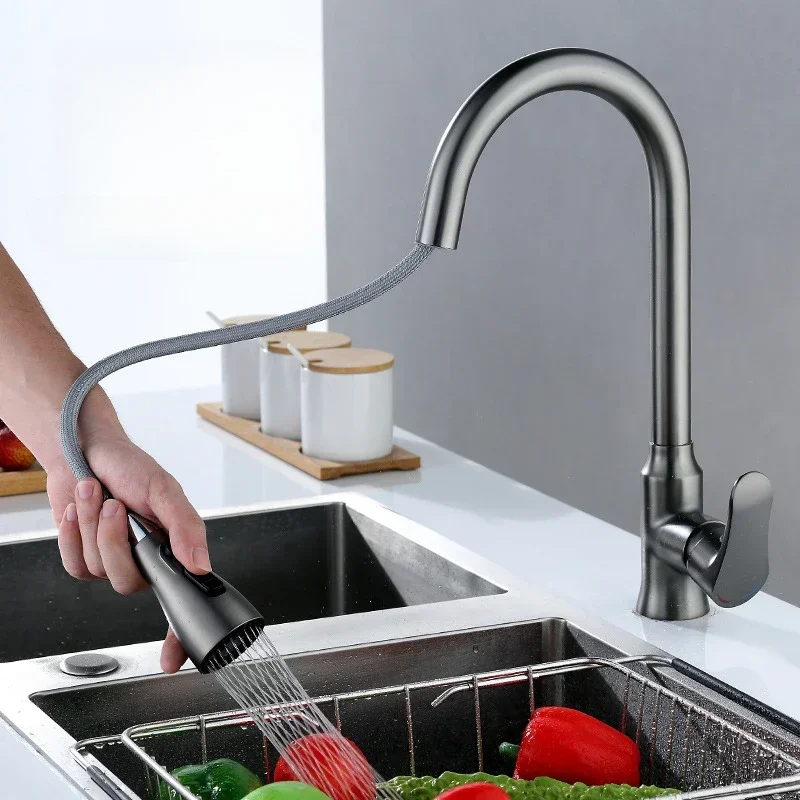 3 Function Stream Sprayer Pull Out Kitchen Sink Faucet Hot Cold Mixer Tap Single Hole Single Handle 360 Degrees Rotatable Tap