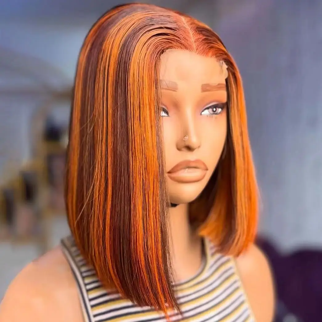 200% 4/350 Highlight Colored 13x4 Lace Frontal Wigs Silky Straight Human Hair Wig Ombre Ginger Orange Short Bob Wigs For Women