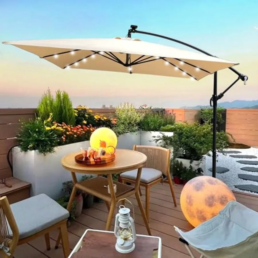 Feet Patio Umbrella, Outdoor Offset Umbrella with Solar Lights, Square Cantilever Umbrella with Cross Base and Crank, Hanging M