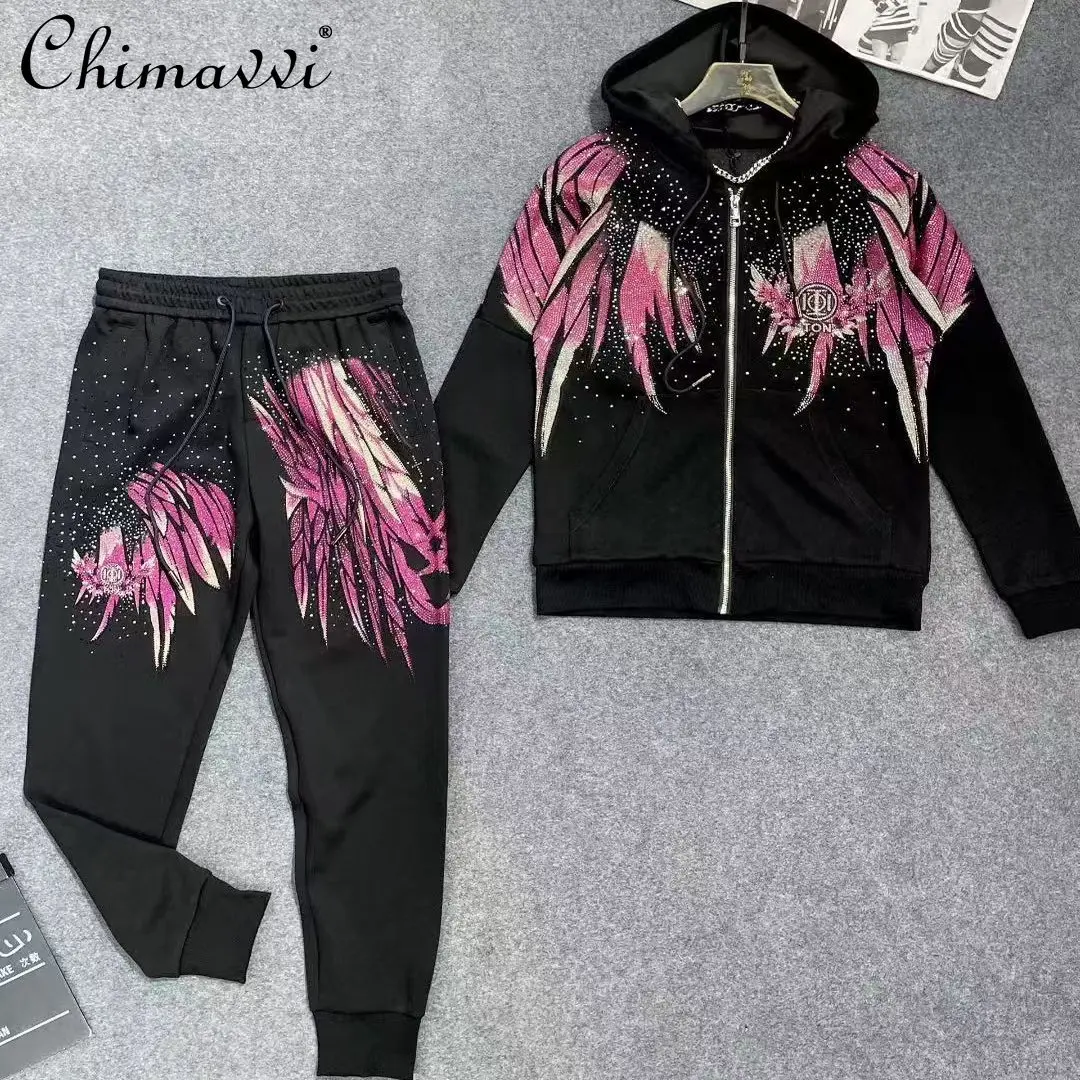 

Autumn New Heavy Rhinestone Wings Black Hooded Jacket Zipper Ribbed Long Sleeve Black Slim Fit Skinny Pants Handsome Men's Suit