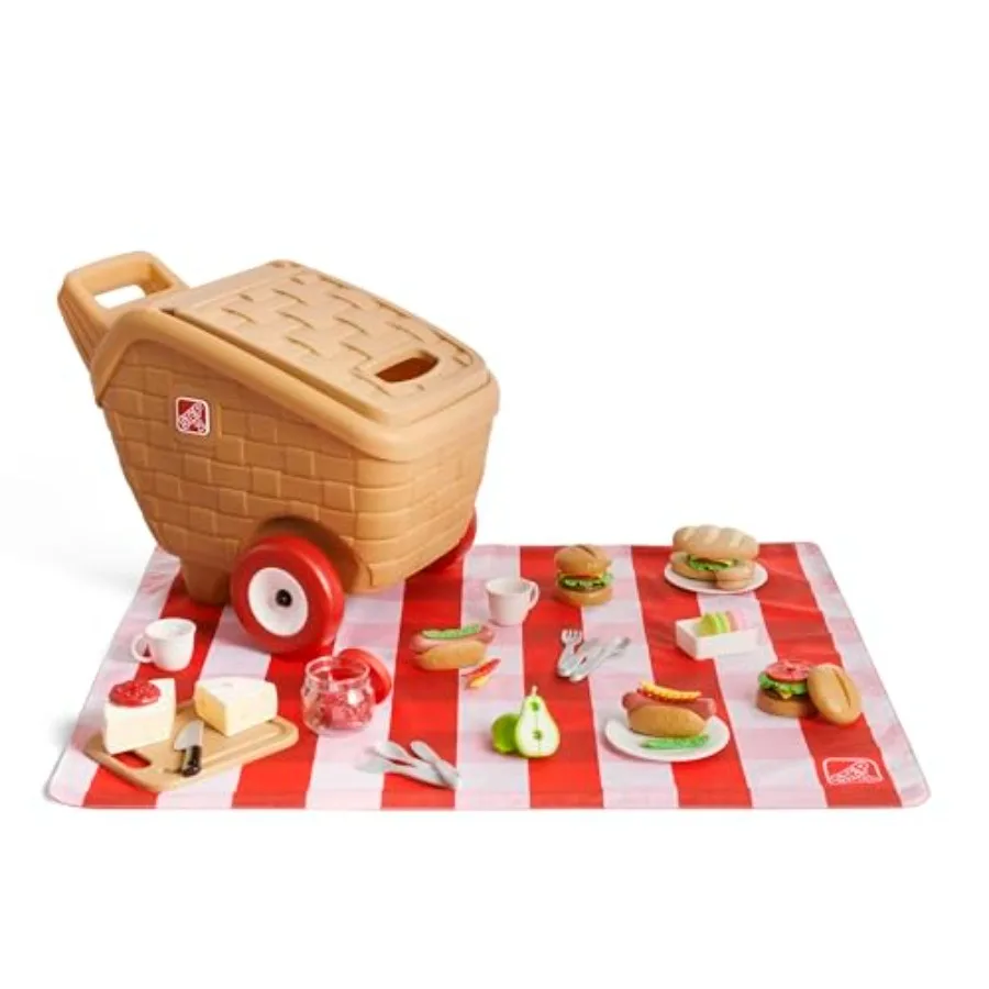 Mi Primera Cesta de Picnic de Juguete, Set de 51 Piezas de Comida de Juguete y Manta Lavable, Cesta de Picnic con Ruedas para Niños de 18 Meses en Adelante