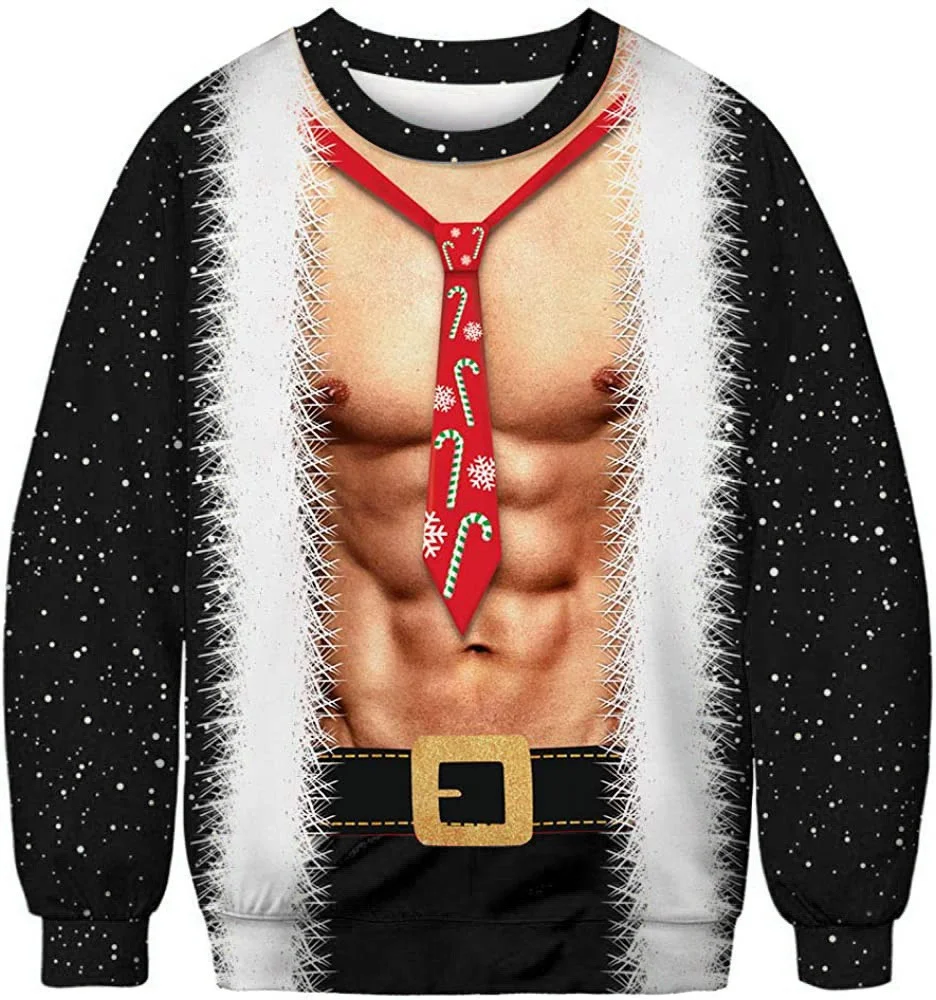 2024 latest Christmas themed round neck hoodie for men, celebrating atmosphere, happy vacation, leisure sports