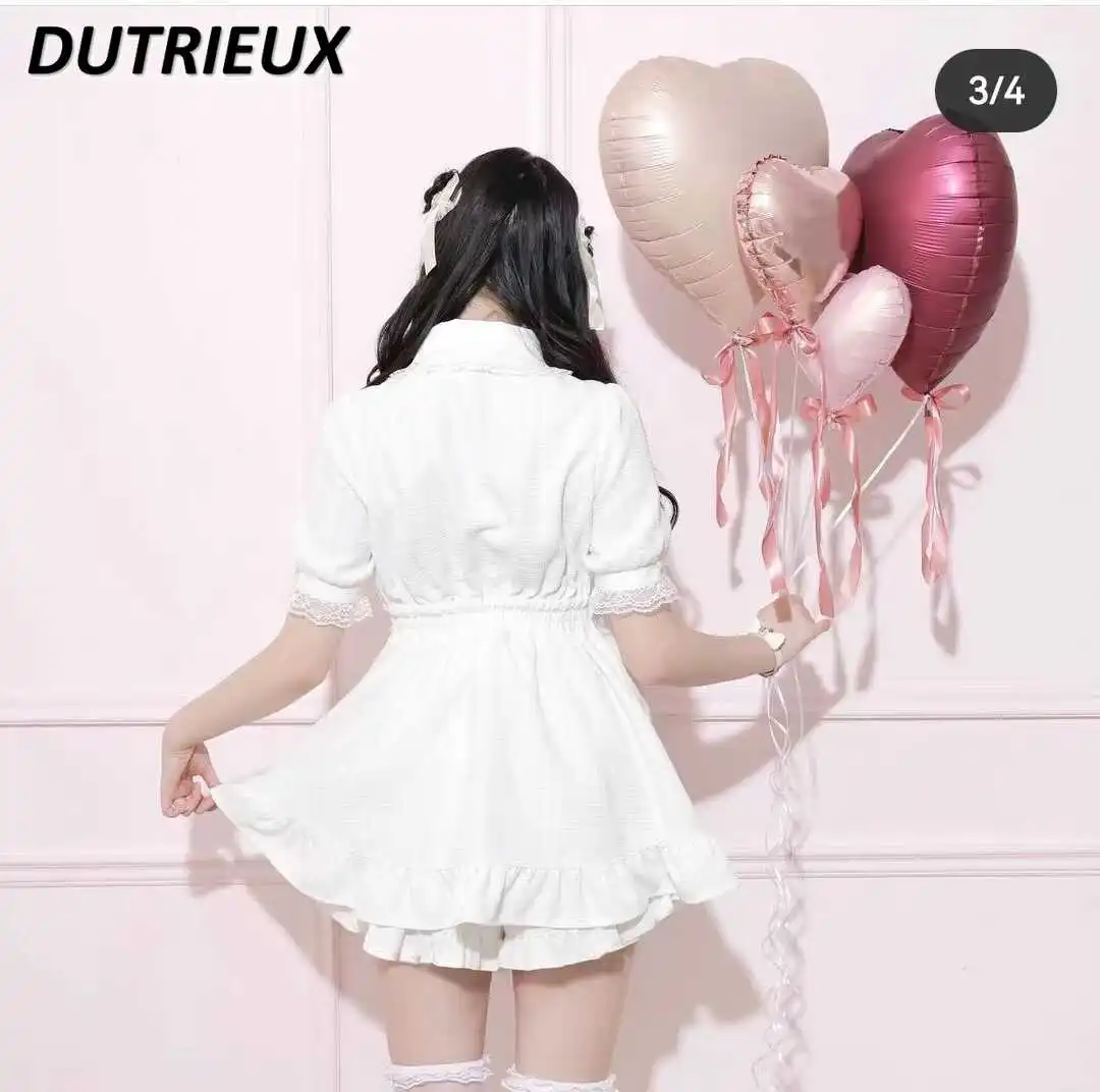 Japanese Style Sweet Cute Girls Hollow Out Tied Bow Top Slimming Dress and Base Shorts White Lolita Two Piece Set Outfits