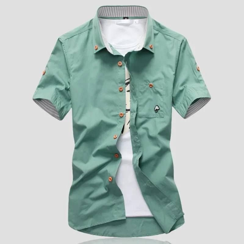 

2023 Summer Mens Pure Cotton Embroidered Casual Solid Shirts Men's Short Sleeve Dress Shirt Men Plus Size 5XL 4XL