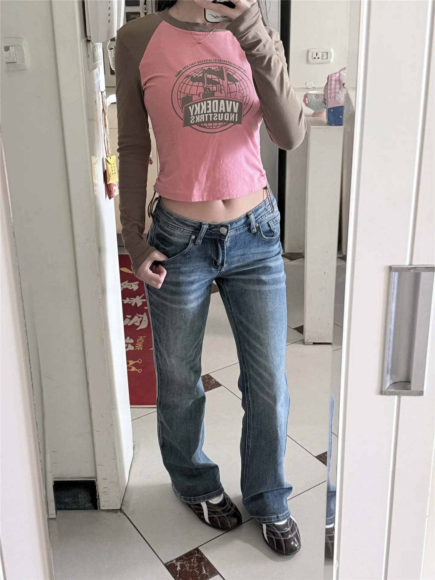 

Retro Blue Low Waist Flared Denim Jeans Women's Spring Summer Slim Fit Elastic Hot Pants Floor Length Pants Casual Cotton