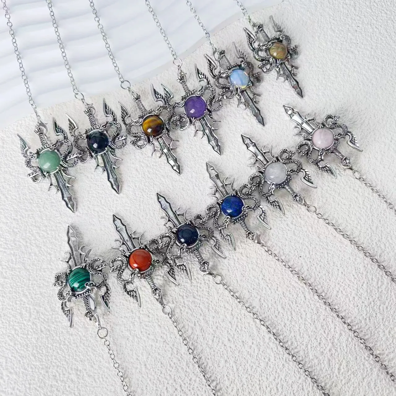 Gothic Dragon Sword Natural Crystal Pendants, Punk Amulet Jewelry Gift for Him Her