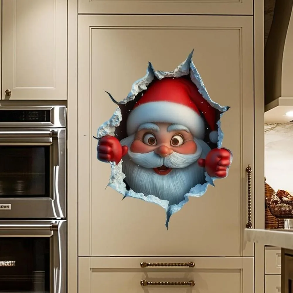 Self Adhesive Cartoon Santa Wall Sticker Broken Wall Look Multicolor Santa Wall Decal 3D Effect Holiday Wall Sticker