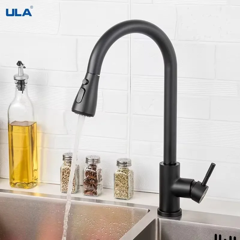 Black 304 Stainless Steel Pull Out Kitchen Faucet 360° Rotatable 2 Modes Water Spray Hot Cold Mixer Tap Deck Mount Sink Faucet