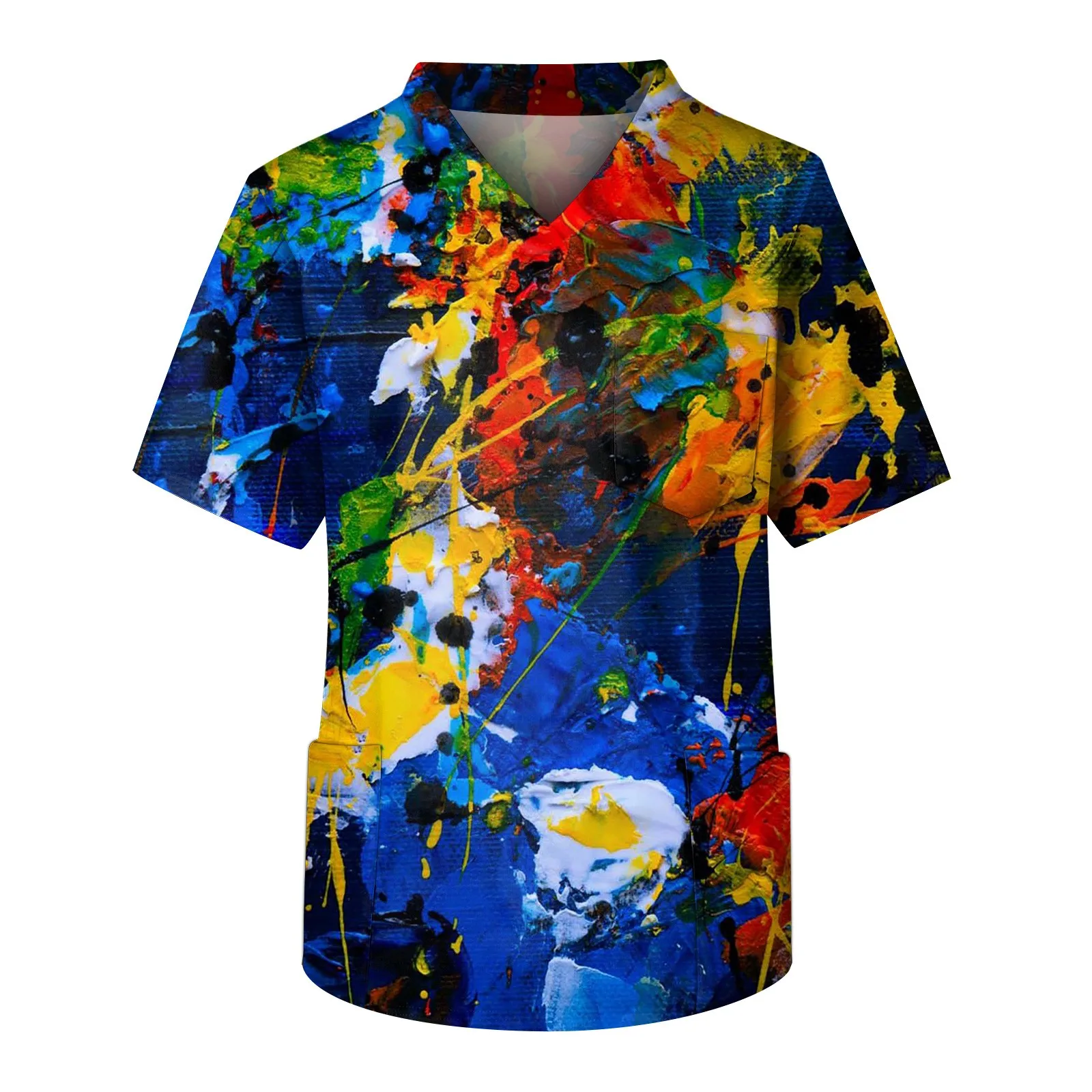 Heren Korte Mouw V-Hals Gradiënt Print Borstzak Verzorger Top Gezondheidszorg Kliniek Kleding Verpleegkundige Uniform Zomer Oversized T-Shirts