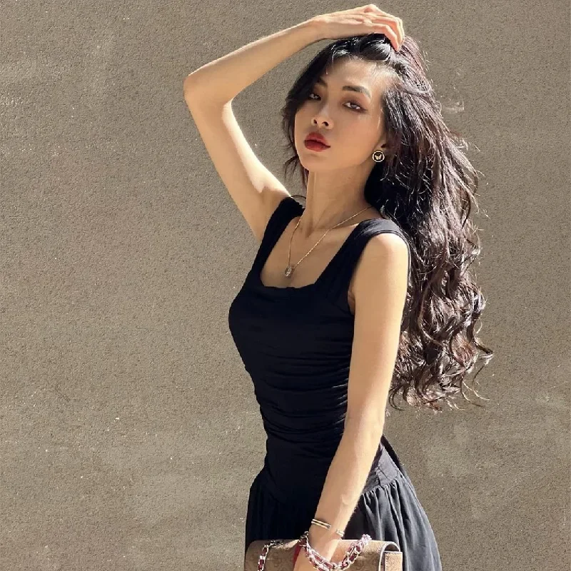 

Summer Women Party Long Dress Sexy Ruched Bodycon Black Maxi Dresses Korean Elegant Temperament High-waist Vestidos