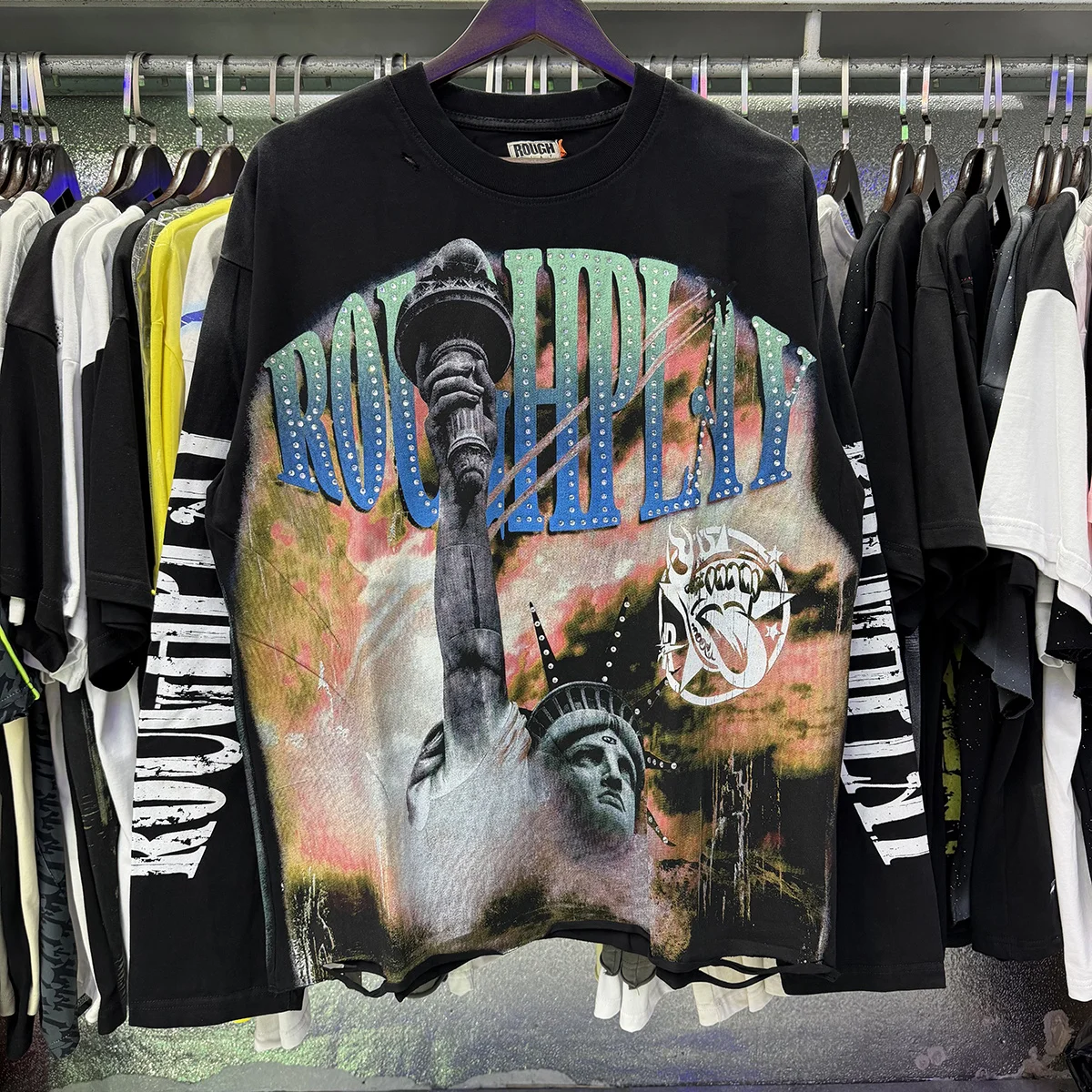 New American Style Rough Play Splicing Shinning Diamond 100% Cotton long sleeves T-shirts for Men Women Crew Neck Loose Summer T-shirt Oversized Tees
