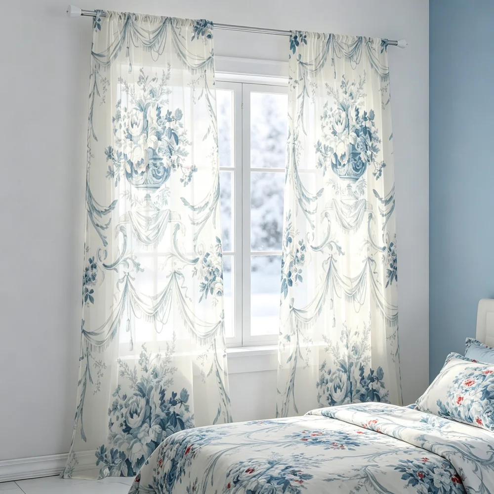 2PCS Sheer Curtains, Blue Vase Curtains Rococo Print, Bedroom Living Room Window Drapes, Rod Pocket Polyester, Home Decor