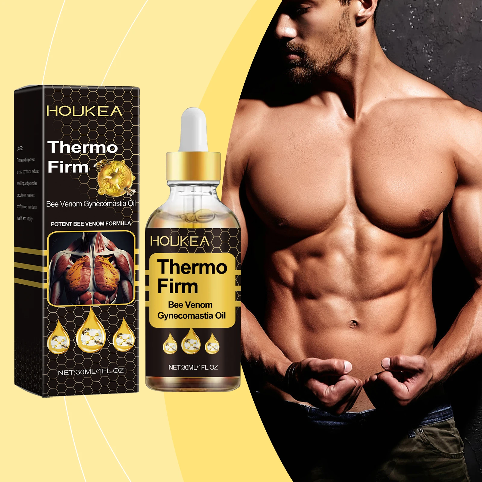 Houkea Bee Venom Aceite para el cuidado del pecho para hombres para firmar los contornos Suero de masaje reafirmante para el pecho Aceite reafirmante para el pecho