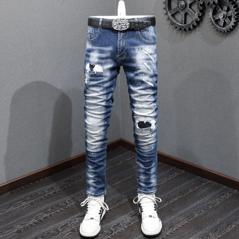 

Street Fashion Men Jeans Retro Washed Blue Stretch Slim Fit Ripped Jeans Men Patched Designer Hip Hop Vintage Denim Pants Hombre