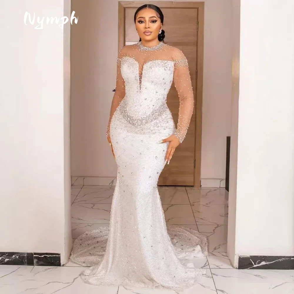 

Customized High Neck Heavy Shinny Crystals Beads Wedding Dress Long Sleeve Trumpet Bridal Gown with Detachable Train