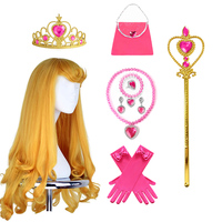 Cute Girls Aurora Cosplay Accessories for Kids Princess Role Play Dress Up Props Auroa Wig Yellow Gold Long Curly Girls Wig