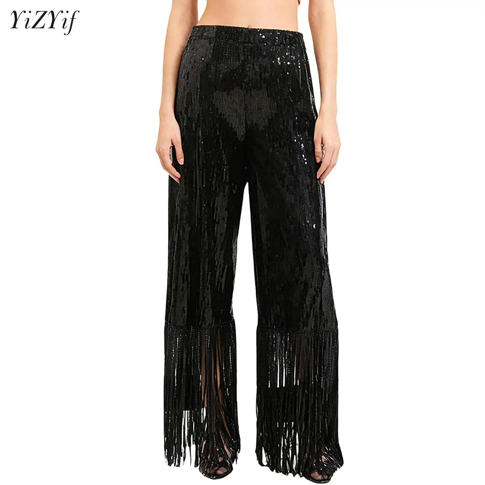 

Womens Tango Chacha Dance Fringe Trousers Allover Sequin Tassel Wide Leg Dance Pants Carnivals Stage Performance Party Clubwear