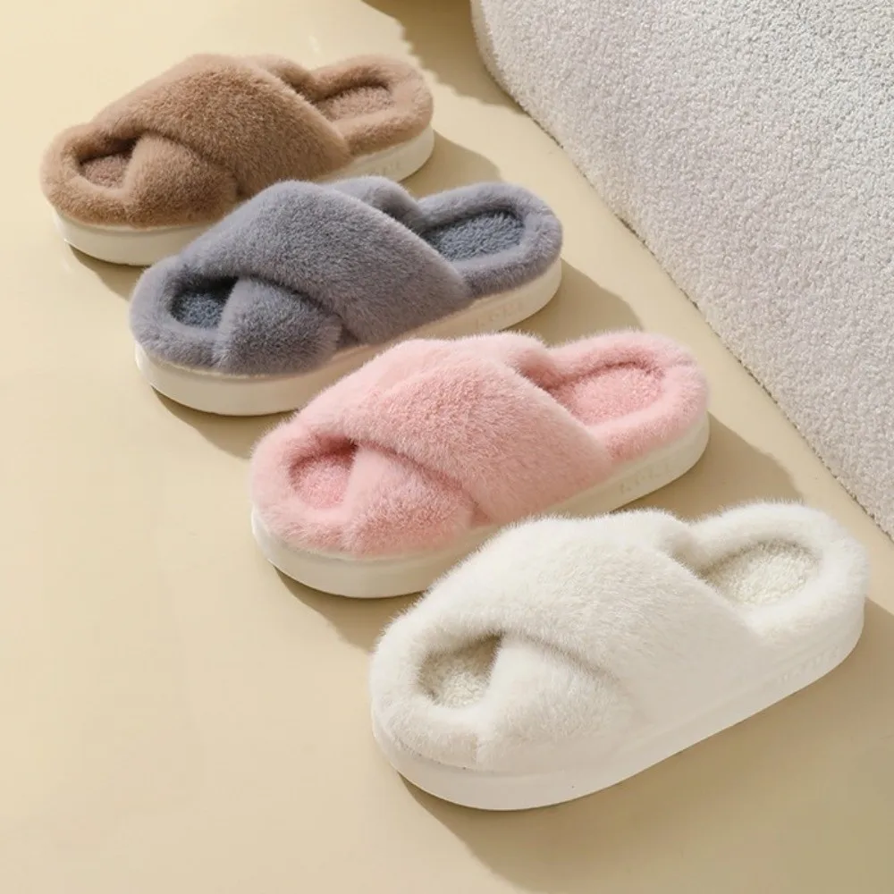 Thick-Soled Women Cross-Strap Slippers Non-Slip Cozy And Fluffy Winter Furry Slippers Soft And Skin-Friendly Open-Toe