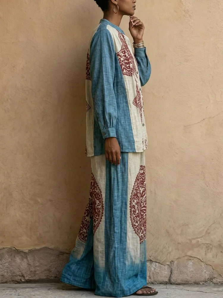 UOOZEE Women's Vintage Ethnic Printed 2 Piece Sets Long Sleeves Stand Collar Blouse & High Waist Wide Leg Pants Matching Set view 3