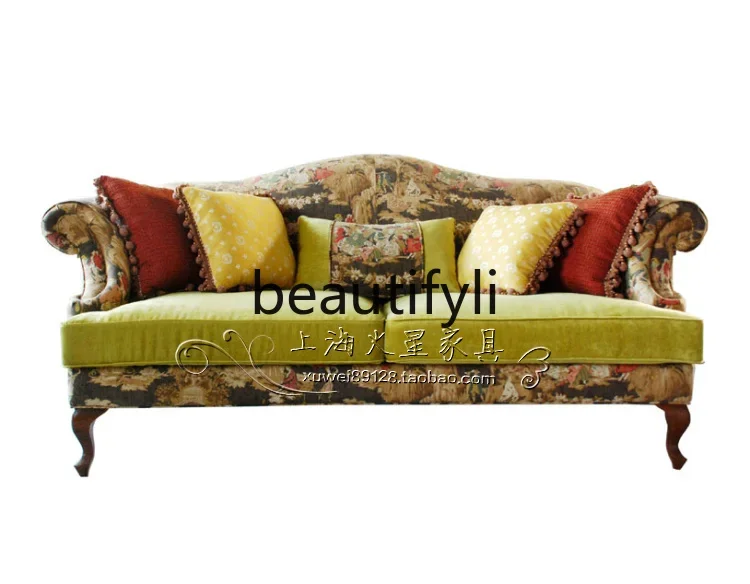 

A16 A16 American solid wood pastoral style fabric sofa European living room sofa double triple
