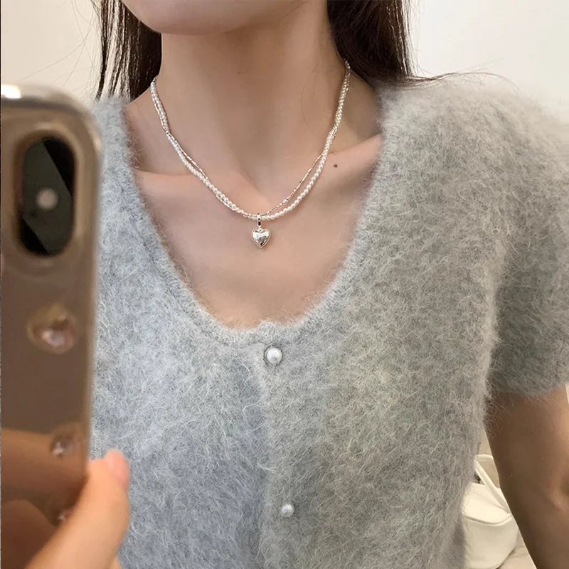 

Double-Layer Winding Small Pieces of Silver Pearl Heart Necklace Women's All-Match Light Luxury Elegant Twin Sweater Chain Jewel