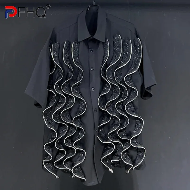 PFHQ Men's Summer Versatile Shiny Twisted Zippers Shirts Tide Lapel Short Sleeve Personality Handsome Casual Male Tops 21Z4817