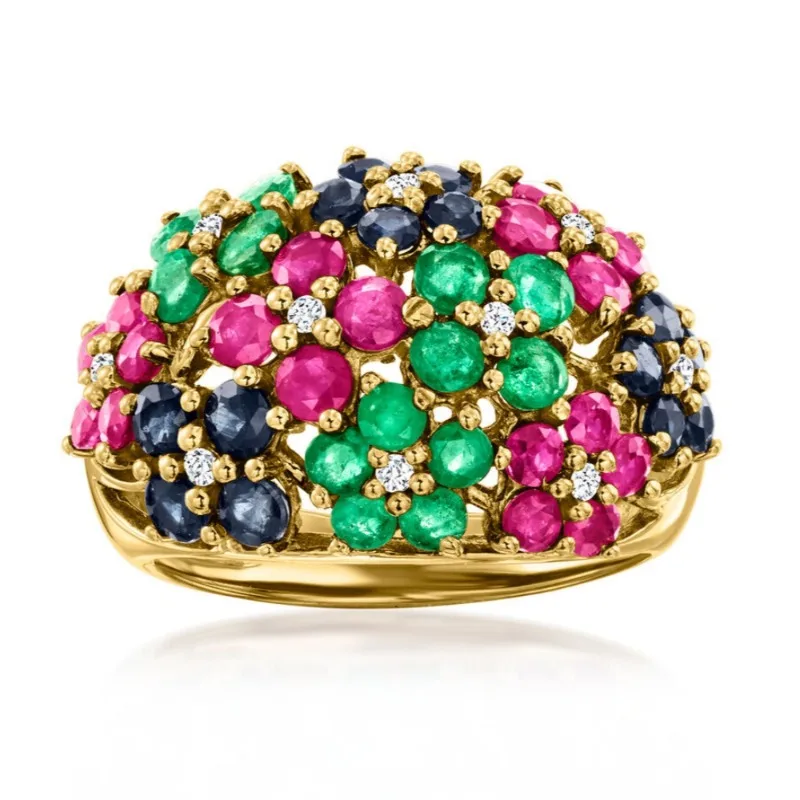 Wunderschöner, mit mehrfarbigen CZ-Steinen besetzter Damenring, klassische Goldfarbe, handgeschnitzte Blume, für den täglichen Gebrauch, Partyschmuck, Jubiläumsgeschenk
