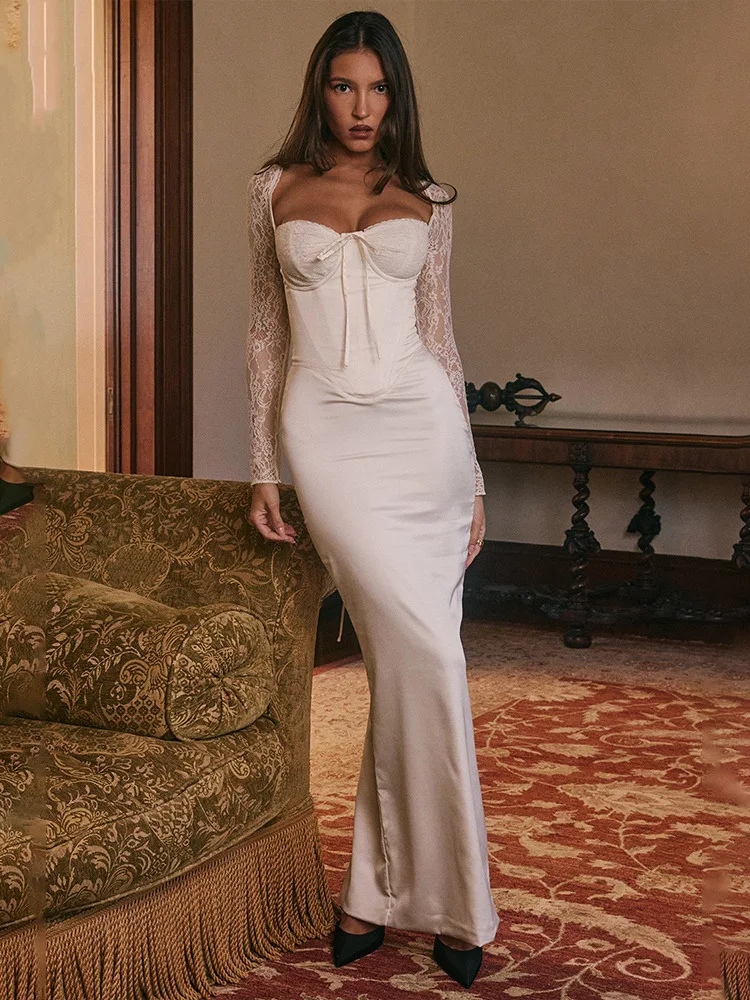 

Elegant Long Sleeve Lace Panel Bodycon Dress Square Neck Sexy Waist Cinched Yacht Party Evening Wear Women Fashion High Waist...